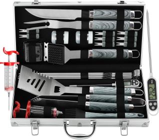 Grilljoy 24PCS BBQ Grill Tools Set With Meat Thermometer And Injector - Extra Thick Stainless Steel Fork, Spatula& Tongs - Complete BBQ Accessori (Option: Grey-Stainless Steel)